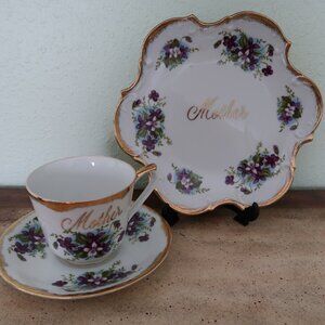 Vintage Norcrest Mother Hand-Painted Cup Saucer Plate Set